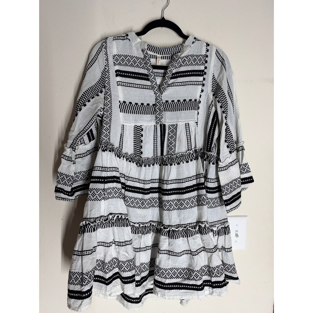 Elan Aztec Chateau Cotton Cover-Up Babydoll Grecian Tiered Mini Dress Small